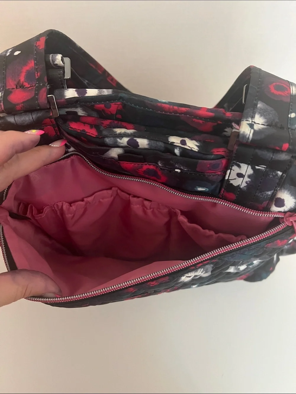 Lug Quilted Watercolor Floral Pattern Tote in Black, Pink, white and some blue - Picture 3 of 8